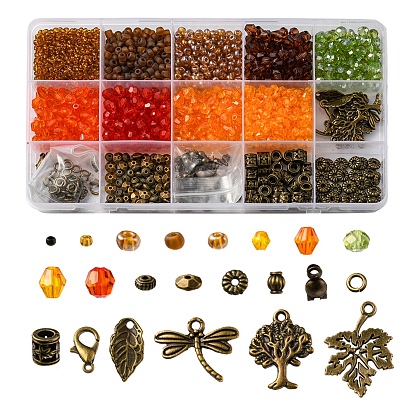 Kit de búsqueda para hacer joyas del día de acción de gracias diy, incluyendo semilla de vidrio y bicono acrílico y cuentas espaciadoras de aleación, colgante de aleación de árbol, libélula y hoja