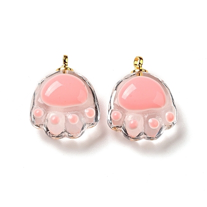 Transparent Glass Pendants, with Golden Tone Alloy Loops and Enamel, Cat Paw