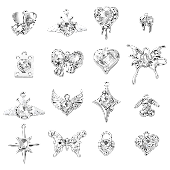 16 piezas 16 aleación de chapado en rack de estilo con colgantes de vidrio, con perlas de imitación de plástico abs, Encantos de corazón, estrella, diente, mariposa y ala