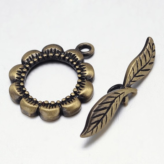 Brushed Antique Bronze Brass Toggle Clasps, Flower & Leaf, Nickel Free, 21x18x2mm, , Bar: 5x27x6mm, Hole: 1mm