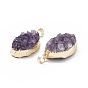 Natural Amethyst Druzy Pendants, with Rack Plating Brass Findings, Cadmium Free & Lead Free, Oval Links