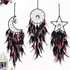 Flat Round/Moon/Star Gothic Style Iron Woven Web/Net with Feather Pendant Decorations, with Mixed Crystal Beads, Covered Wax Cord