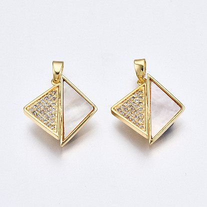 Brass Micro Pave Clear Cubic Zirconia Pendants, with White Sea Shell, Nickel Free, Cross Triangle
