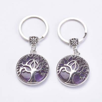 Flat Round with Tree of Life Gemstone Keychain, with Brass Finding, for Handmade DIY Charm Pendant Necklace
