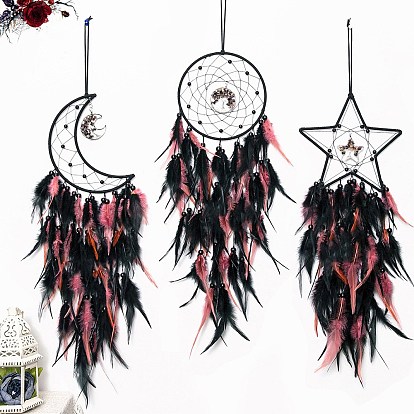 Toile/filet tissé en fer plat rond/lune/étoile de style gothique avec décorations à pendentif en plumes, avec des perles de cristal mélangées, cordon de cire recouvert