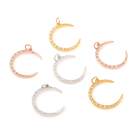 Brass Micro Pave Cubic Zirconia Pendants, with Jump Rings, Crescent