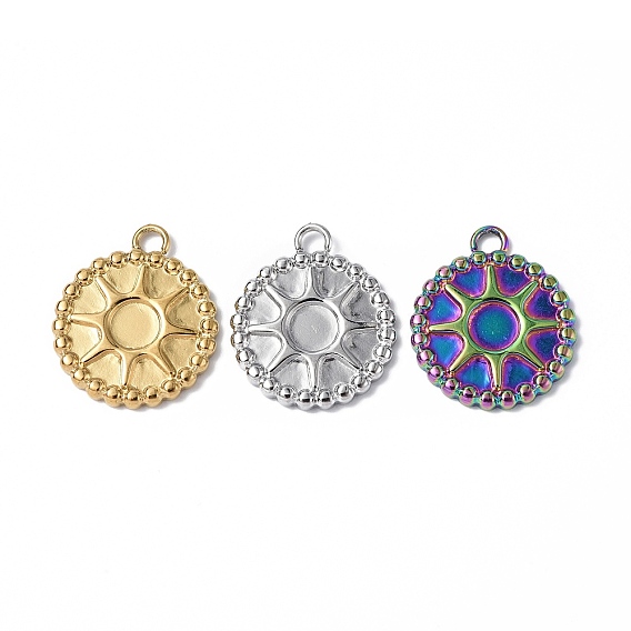 304 Stainless Steel Pendant Cabochon Setting, Flat Round with Sun Charm