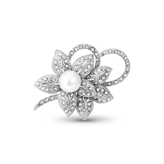 SHEGRACE Gorgeous Alloy Electroplating Safety Brooch, Micro Pave Czech Diamond Cherry Blossom with Shell Pearl, 57x39mm