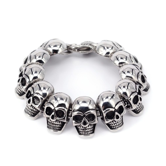 Halloween Skull 304 Stainless Steel Bracelets, with Lobster Claw Clasps, 8-5/8 inch(220mm)