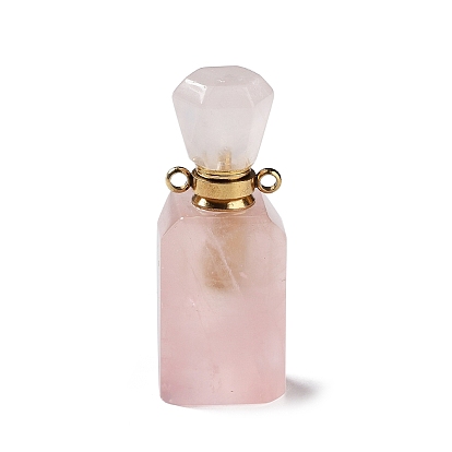 Pendentifs de bouteille de parfum en quartz rose naturel, avec les accessoires en acier inoxydable de ton d'or, breloque diffuseur d'huiles essentielles, pour la fabrication de bijoux