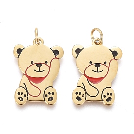 316 Surgical Stainless Steel Enamel Pendants, Little Bear Shape, Red & Black
