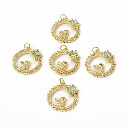 Brass Micro Pave Cubic Zirconia Pendants, with Jump Ring, Lacy Ring with Rabbit & Butterfly Charm