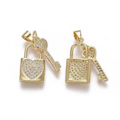 Brass Micro Pave Cubic Zirconia Pendants, Heart Lock with Heart Key, Clear