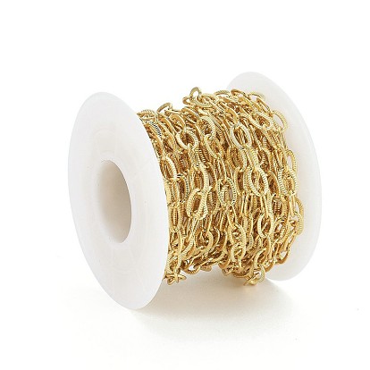Brass Textured Cable Chains, Soldered, with Spool, Flat Oval, Long-Lasting Plated, Real 18K Gold Plated