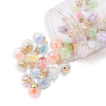 46Pcs 2 Style Transparent Glass Ball Bottle Pendants, with Glitter Sequins and CCB Plastic Findings, Round & Star and Round & Diamond, Glow in the Dark Luminous Pendant