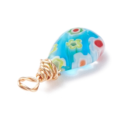 Handmade Millefiori Glass Pendants, with Eco-Friendly Copper Wire Wrapped, Teardrop