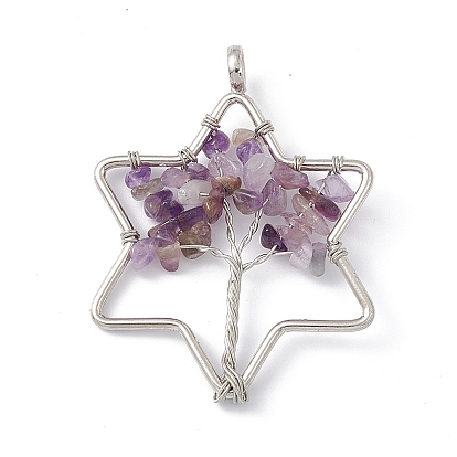 Star Natural Amethyst Copper Wire Wrapped Chip Big Pendants, Tree of Life Charm, with Platinum Tone Iron Findings