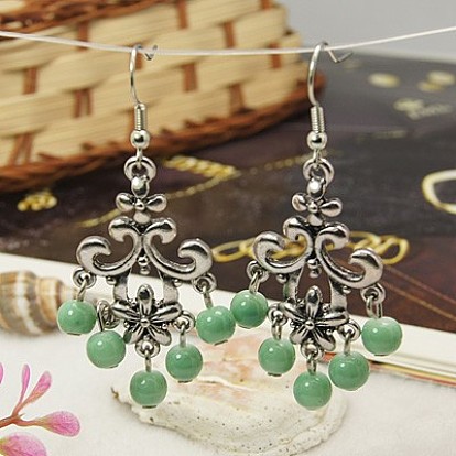 Boucles d'oreilles chandelier de style tibétain, boucle d'oreille pendante antique, avec des perles de verre peintes de cuisson et de crochets de boucles d'oreilles en laiton, 60mm