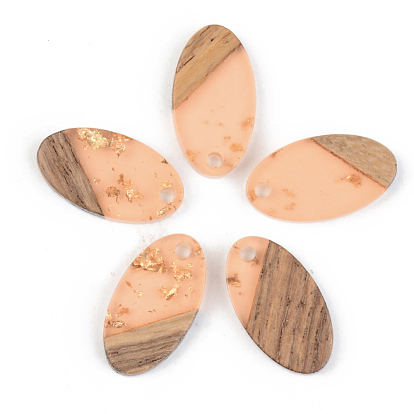 Transparent Resin & Walnut Wood Pendants, with Gold Foil, Oval