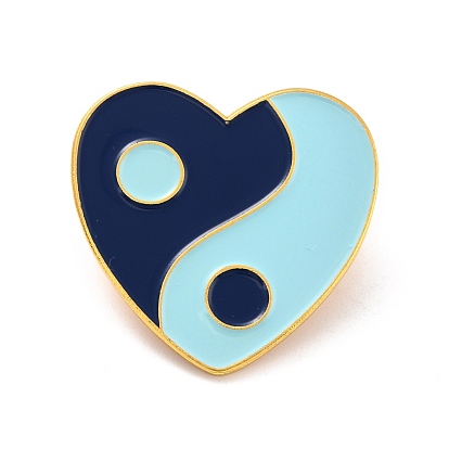 Coeur avec broche en émail motif yin yang, Broche en alliage d'émail porte-bonheur pour vêtements de sac à dos, or