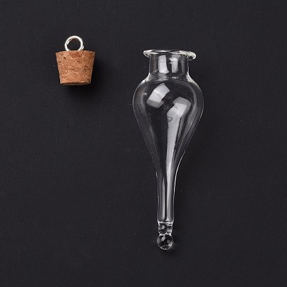 Teardrop Glass Cork Bottle Pendants, Glass Empty Wishing Bottle Charm, with Platimen Tone Iron Loops