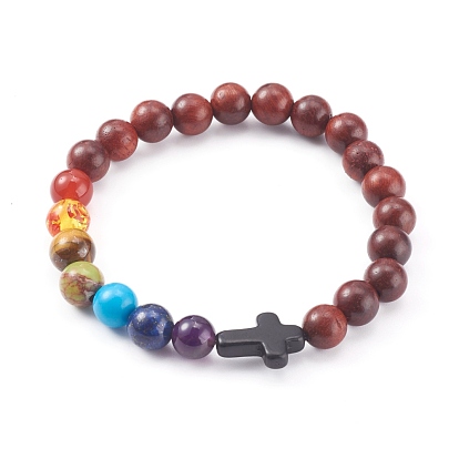 Chakra bijoux, bracelets extensibles en bois naturel, avec des perles naturelles et synthétiques pierres précieuses, rond et croix