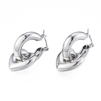 Brass Heart Dangle Hoop Earrings for Women, Nickel Free