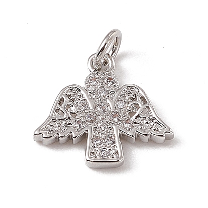 Brass Micro Pave Clear Cubic Zirconia Pendants, Angel Charms, with Open Jump Rings