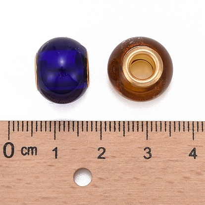 Perles européennes en verre, avec doubles noyaux de laiton plaqué or, Perles avec un grand trou   , rondelle, 15x11mm, Trou: 5mm