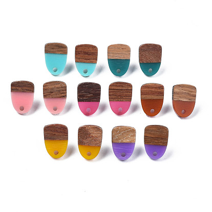 Resin & Walnut Wood Stud Earring Findings, with 304 Stainless Steel Pin and Hole, Two Tone, Half Oval