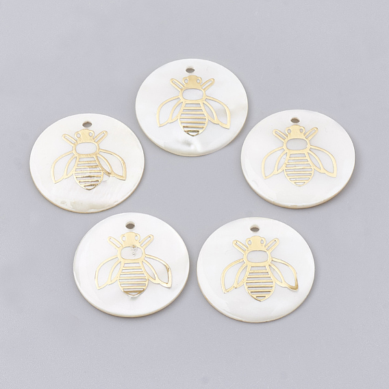 Freshwater Shell Pendants, with Brass Findings, Flat Round with Bee