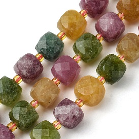 Synthetic Tourmaline Beads Strands, with Seed Beads, Faceted Cube