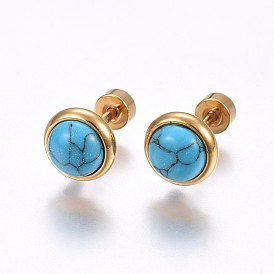 304 Stainless Steel Earlobe Plugs, Screw Back Earrings, with Synthetic Turquoise, Half Round