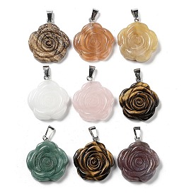 Natural Mixed Stone Carved Pendants, Flower Charms with Platinum Plated Iron Snap on Bails