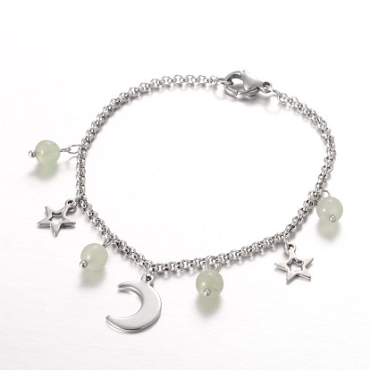 Lune & bracelets de charme de pierres précieuses en inox étoiles, avec fermoir pince de homard