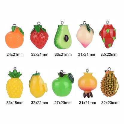 20Pcs 10 Style Resin Pendants, with Platinum Tone Iron Loops, Imitation Fruit, Peach & Durian & Pineapple & Avocado & Mango & Strawberry & Orange & Apple & Pomegranate