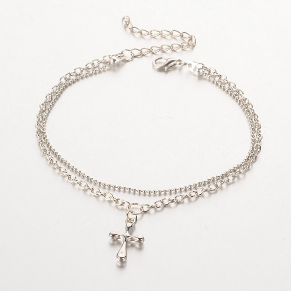 Cross CCB Plastic Charm Multi-strand Anklets, with Iron Chains and Zinc Alloy Lobster Claw Clasps, 230mm