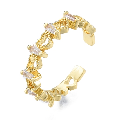 Clear Cubic Zirconia Heart Open Cuff Ring, Brass Jewelry for Women