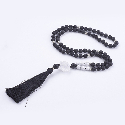 Colliers naturels en perles de howlite et pierres précieuses, avec de gros pendentifs à glands, sacs de jute