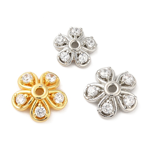 Bouchons de perles en laiton plaqué en rack, micro pavé de zircone cubique, sans cadmium et sans plomb, Flower 5 pétales