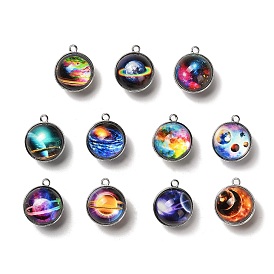 Galaxy Theme Luminous Glass Ball Pendants, Glow in the Dark, with Platinum Tone Alloy Edge