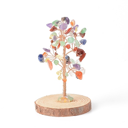 Chips de piedras preciosas naturales con árbol de dinero de alambre envuelto en latón en decoraciones de exhibición de base de madera, para la decoración de la oficina en casa buena suerte
