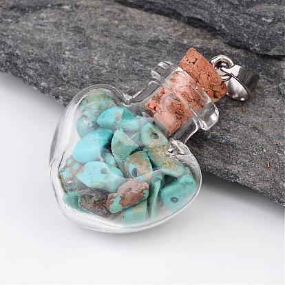 Heart Glass Bottle with Gemstone inside Pendants, with 304 Stainless Steel Findings, 31x22x11mm, Hole: 7x4mm