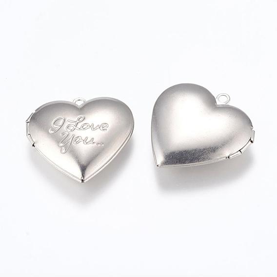 316 inoxydable pendentifs médaillon en acier, cadre de photo charmant pour colliers, coeur avec la phrase je te aime, pour Saint Valentin