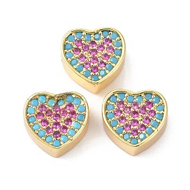 Brass Cubic Zirconia Beads, Long-Lasting Plated, Lead Free & Cadmium Free, Heart, Colorful