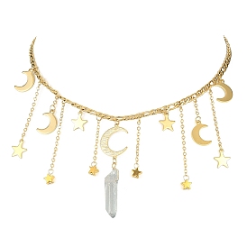 Moon & Star 304 Stainless Steel & Natural Quartz Crystal Charms Bib Necklace, Tassel Necklace with Brass Figaro Chains