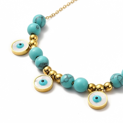 Ion Plating(IP) 304 Stainless Steel Shell Enamel Evil Eye Pendant Necklaces, Synthetic Turquoise Bead Necklaces for Women