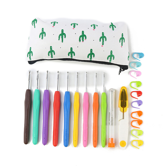 Kits de herramientas para tejer diy, incluyendo gancho y aguja de crochet, marcador de punto, tijera, bolsa de almacenamiento con cremallera y estampado de cactus
