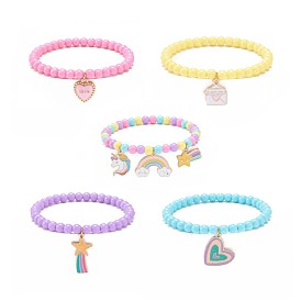 5Pcs 5 Style Candy Color Acrylic Round Beaded Stretch Bracelets Set, Unicorn & Star & Heart & Rainbow Alloy Enamel Charms Bracelets for Women