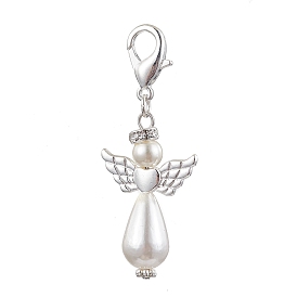 Glass Pearl Pendant Decorations, with Alloy Findings, Angel